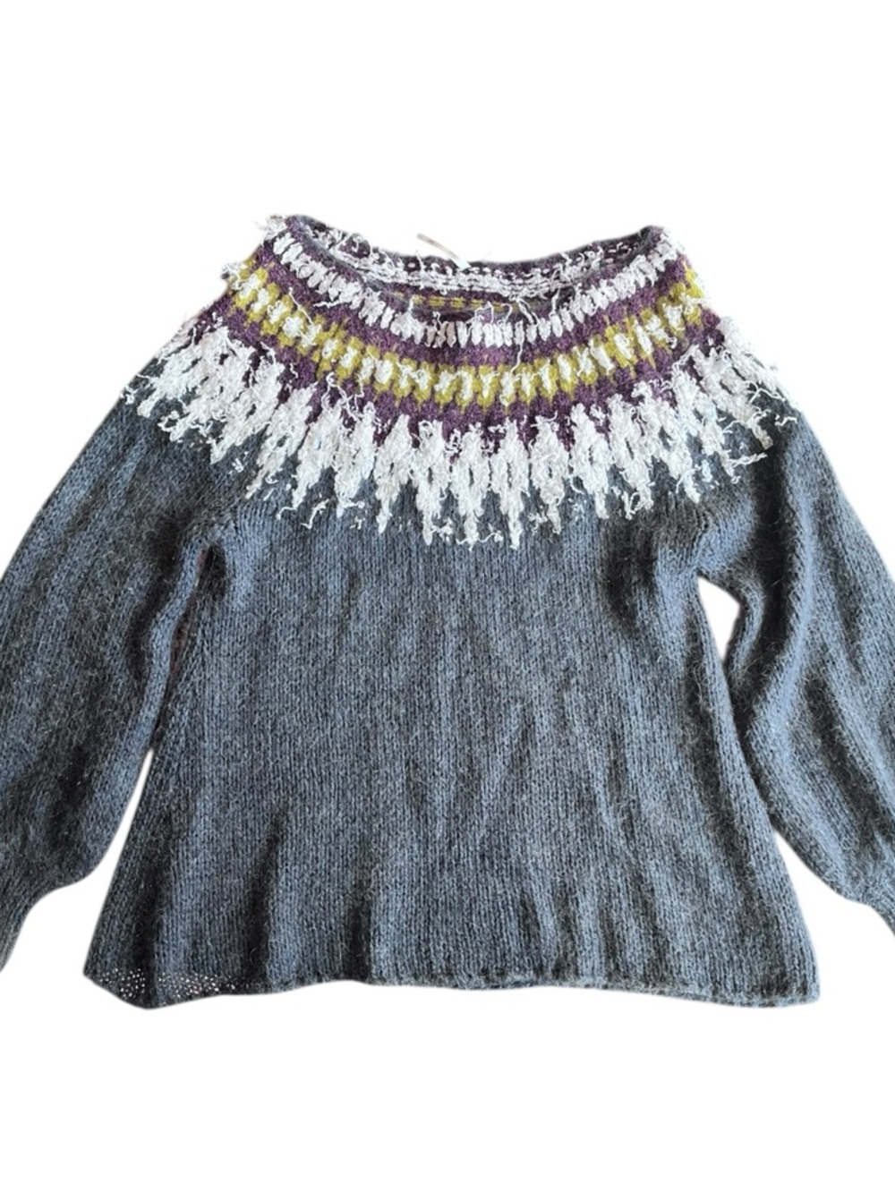 Free People Gray Oversized Crewneck Sweater with Purple, Yellow & White Yoke